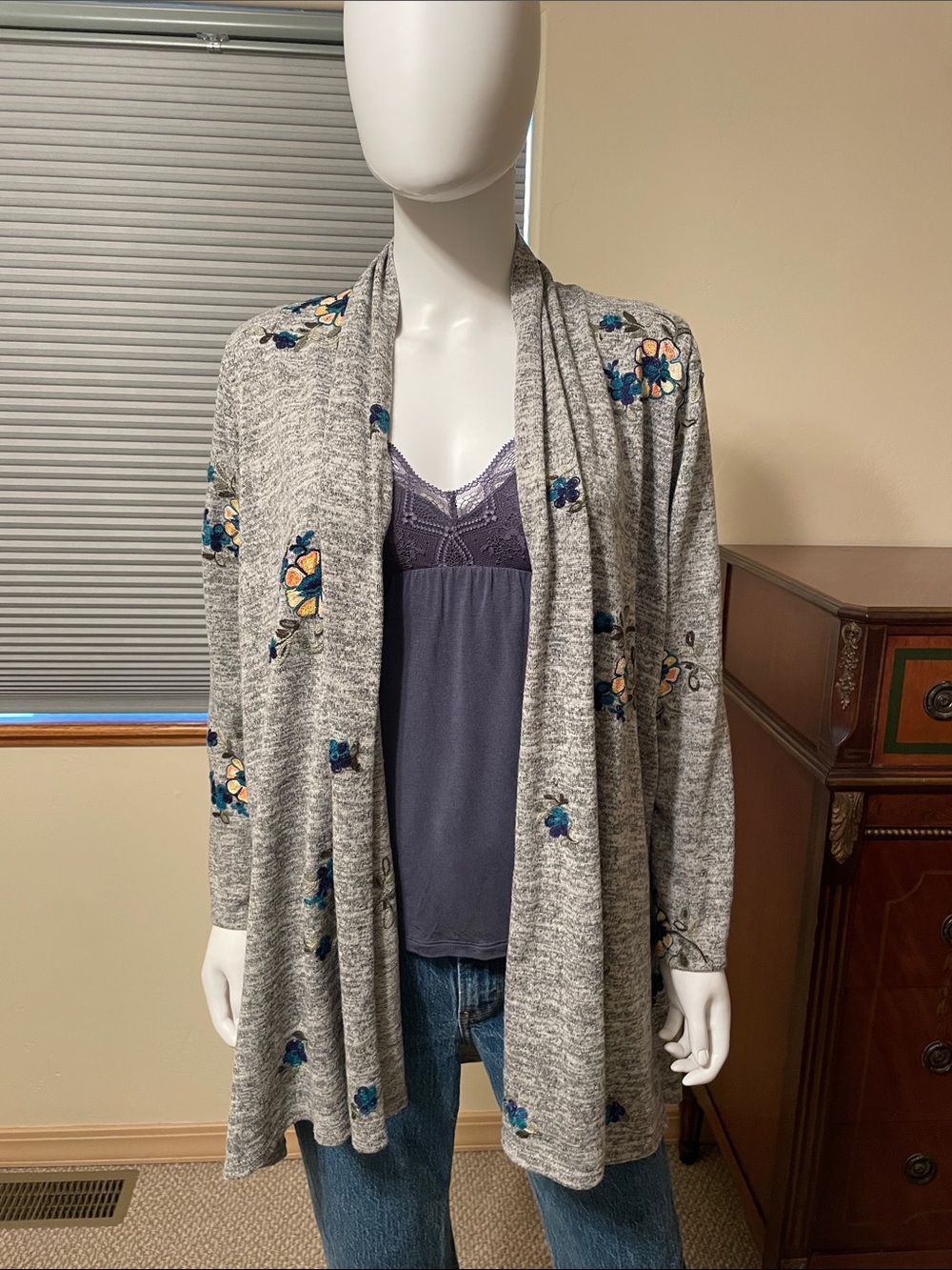 Anthropologie Fig and Flower Open-Front Cardigan with Floral Embroidery